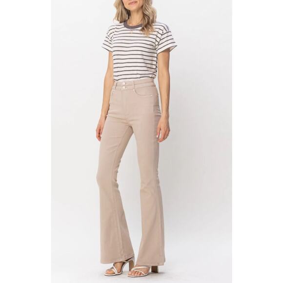 Judy Blue High Rise Double Waistband Flare Pant 7/28 Khaki Denim Tummy Control - Picture 15 of 15